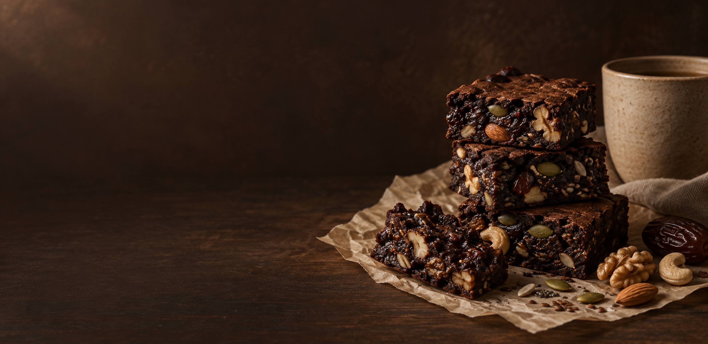 A stack of brownies on parchment beside a ceramic cup, in low evening light.
