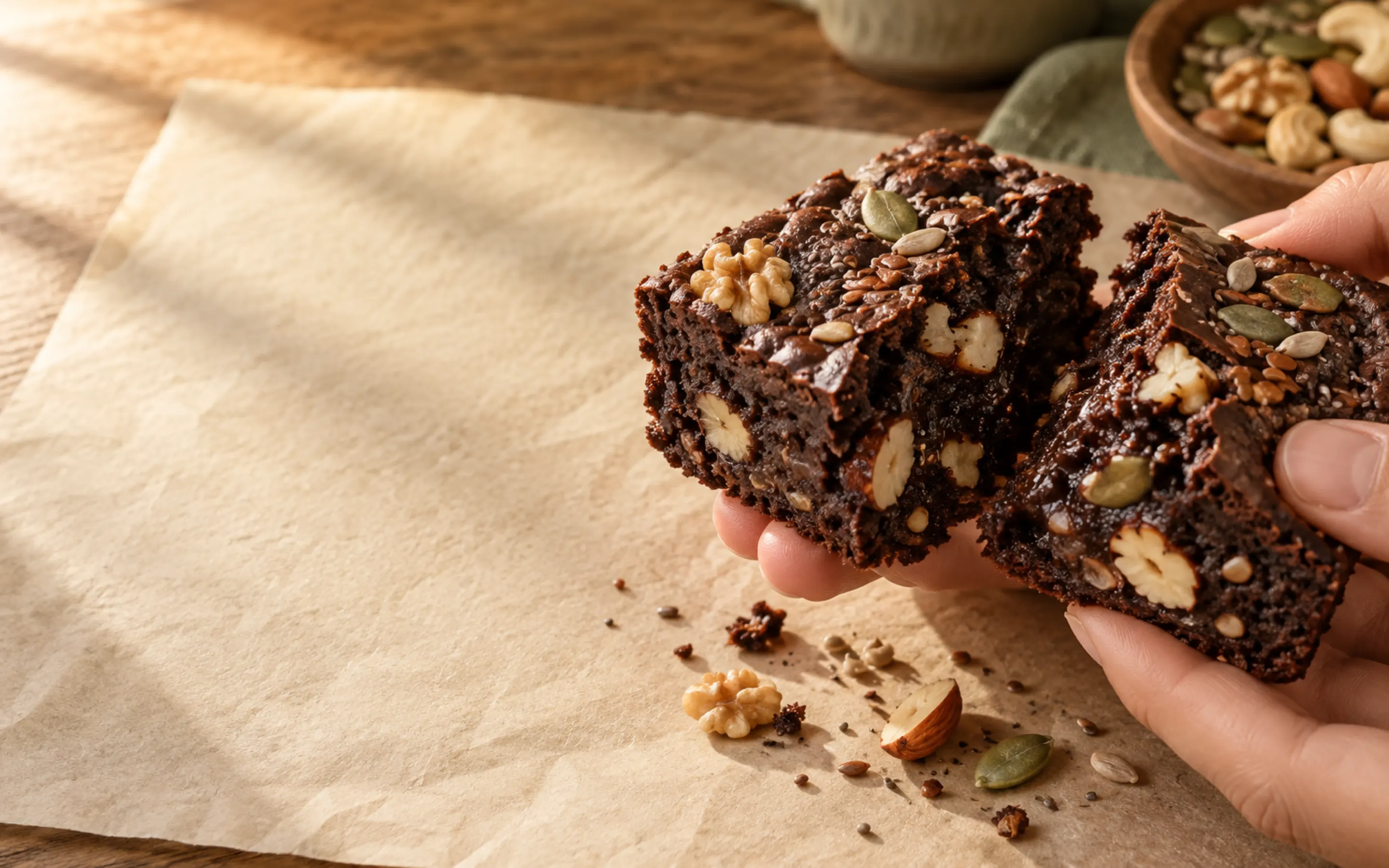 Two hands breaking a dark fudge brownie in half, showing its soft centre, nuts and seeds.