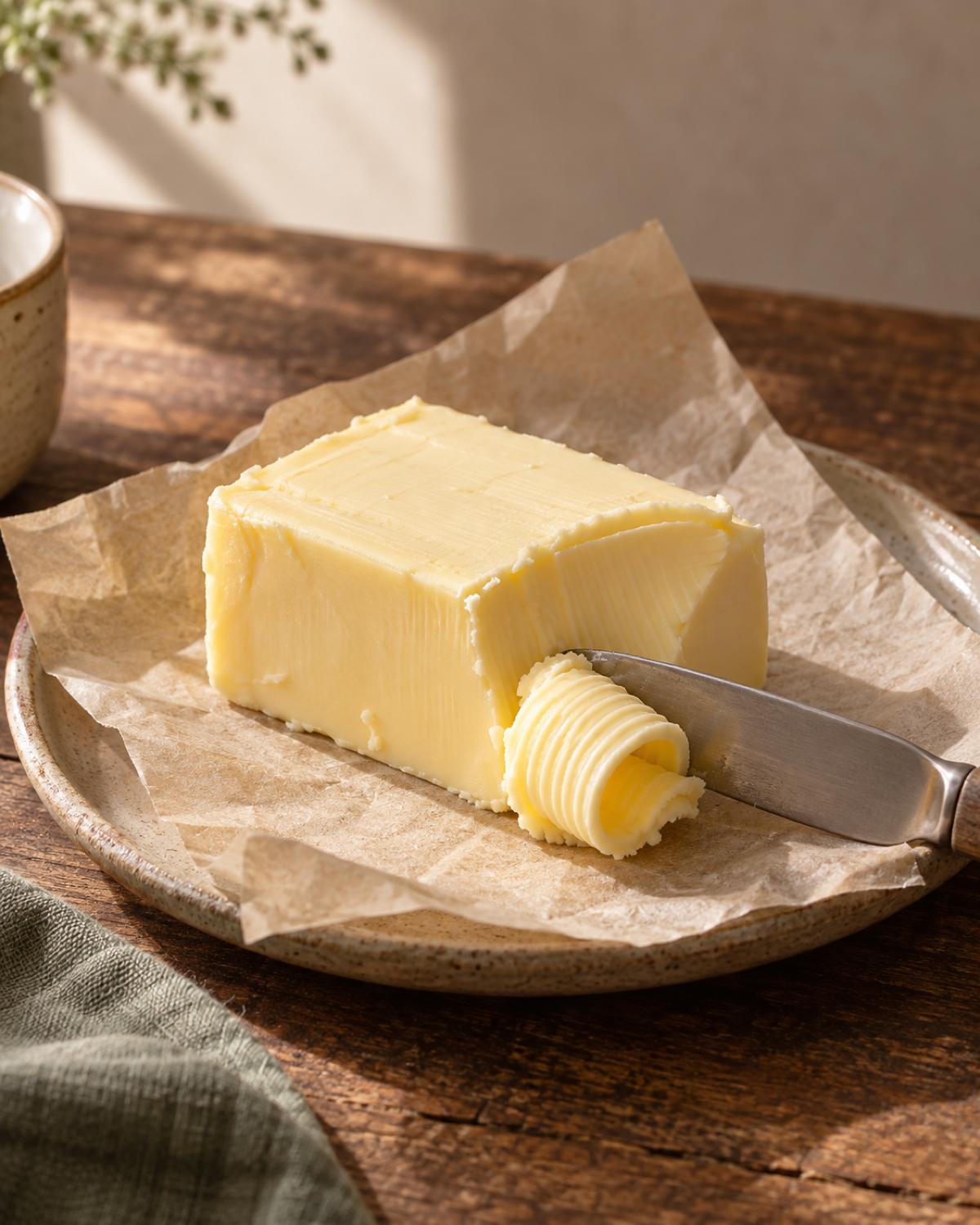 A block of butter on parchment with one soft curl cut away.