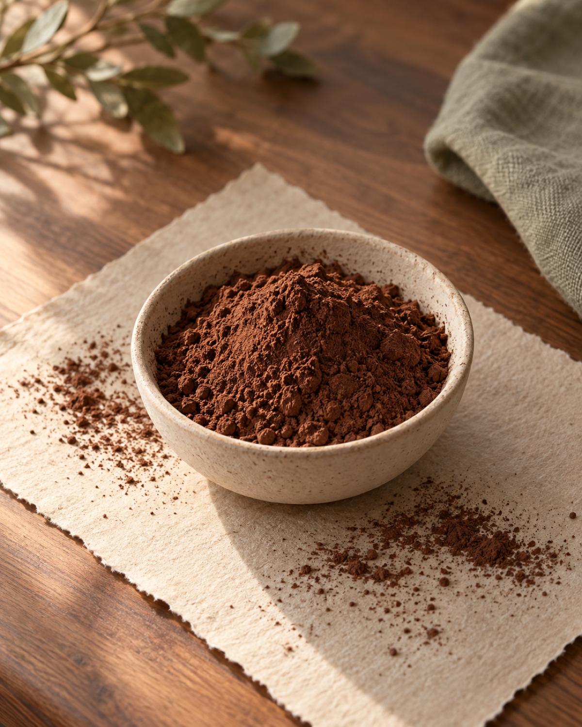 Pure cocoa powder in a ceramic bowl, a little dusted onto paper.