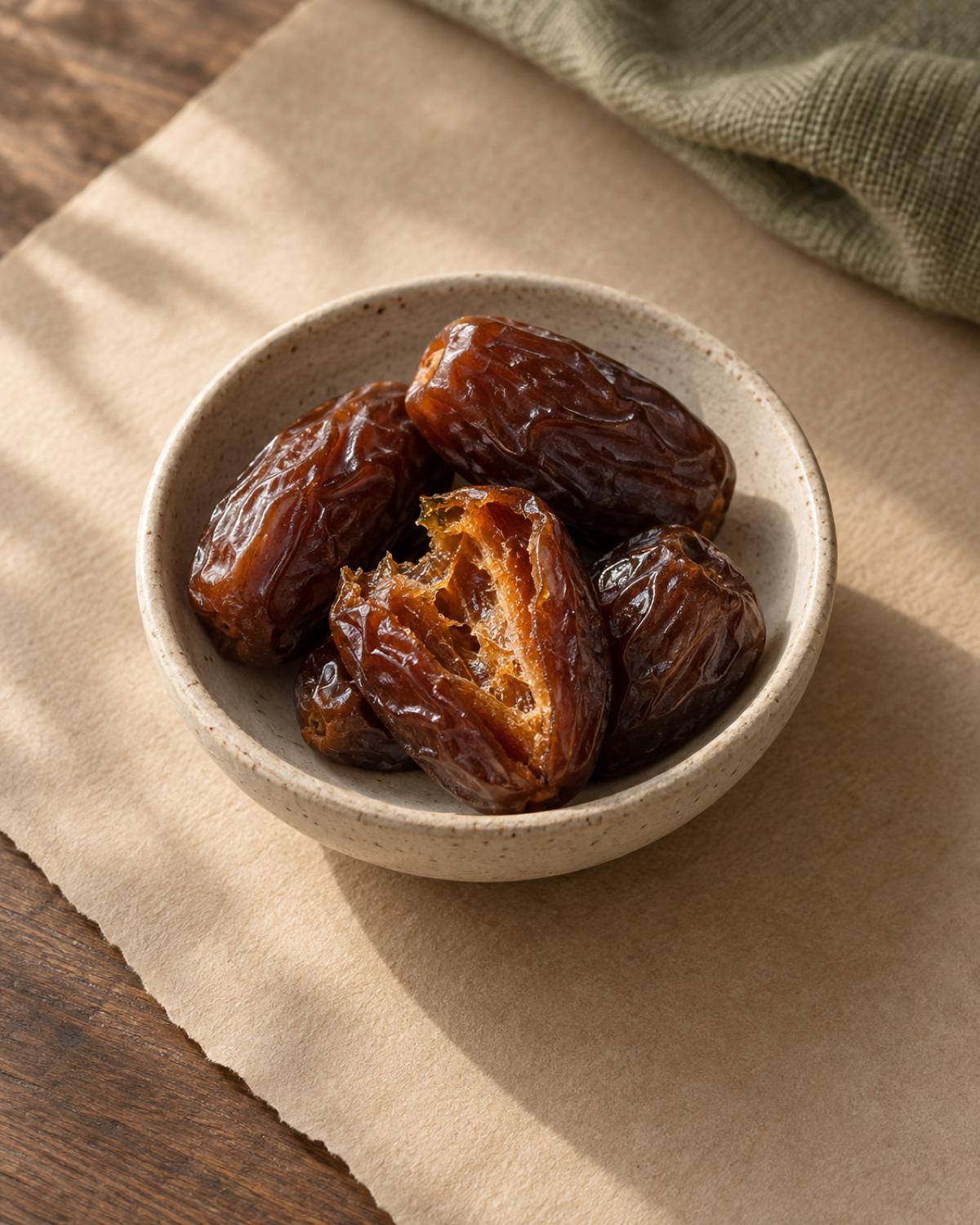 Soft, glossy dates in a small ceramic dish, one torn open.