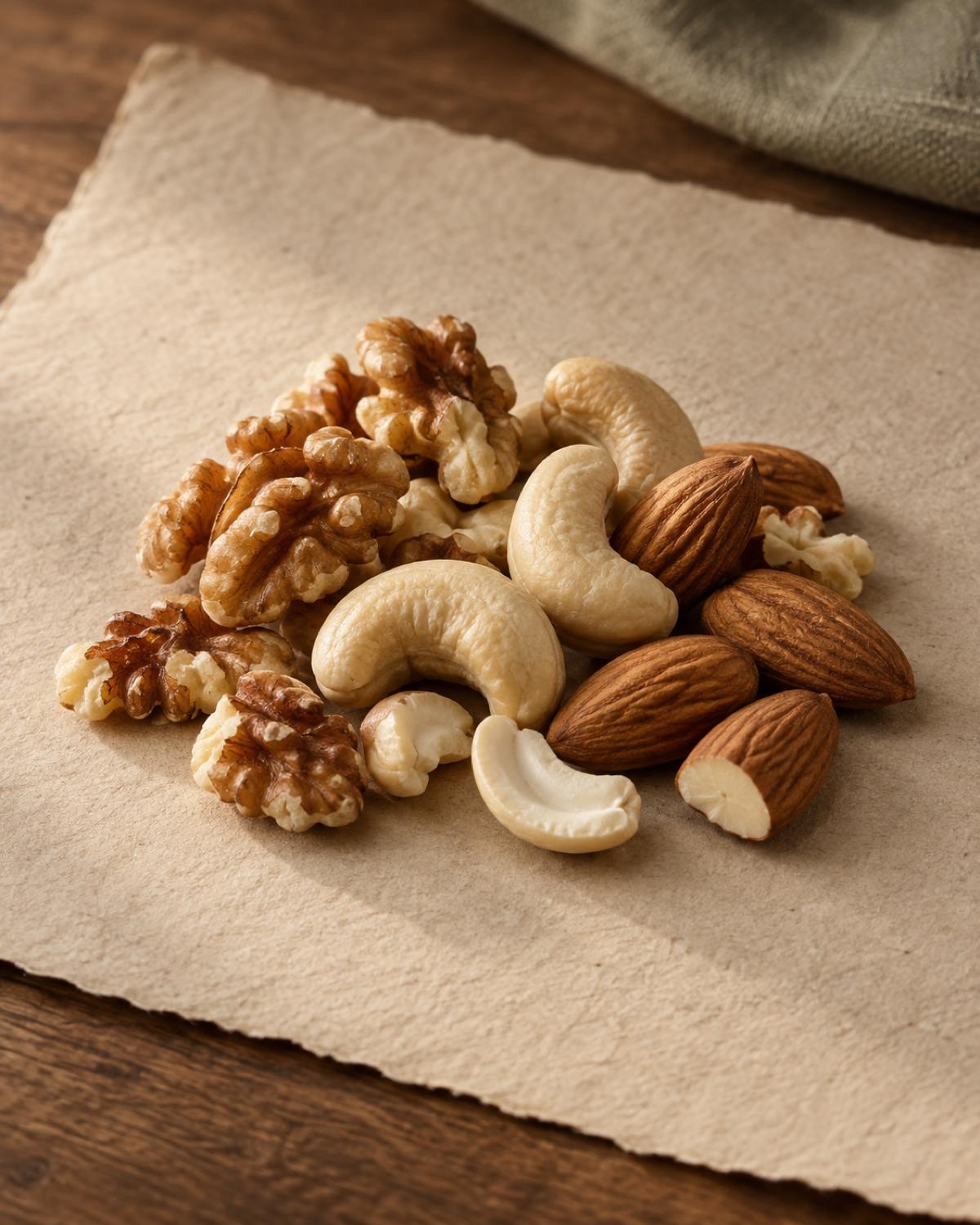 Walnut halves, whole cashews and almonds, one almond cut open, on oat paper.
