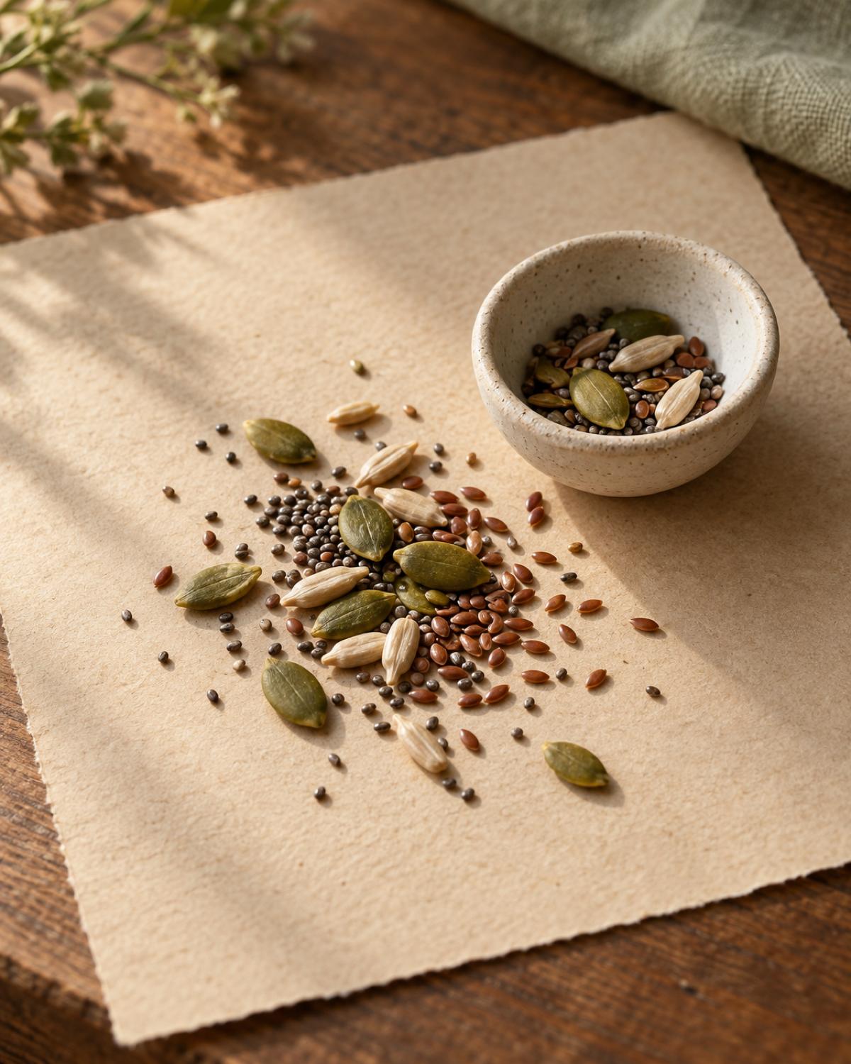 A small scatter of flax, sunflower, chia and pumpkin seeds on oat paper.