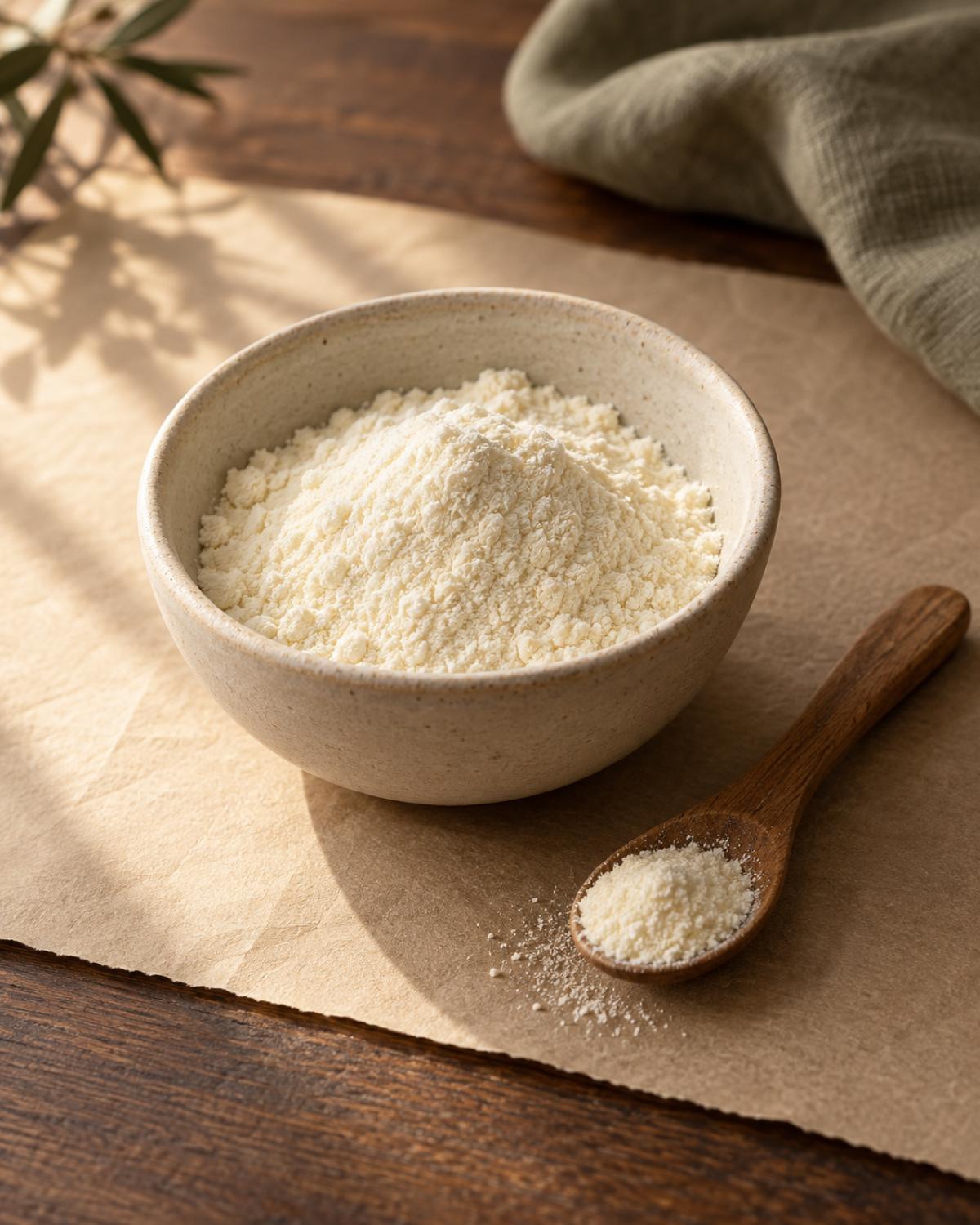 Plain whey protein powder in a ceramic bowl beside a wooden spoon.
