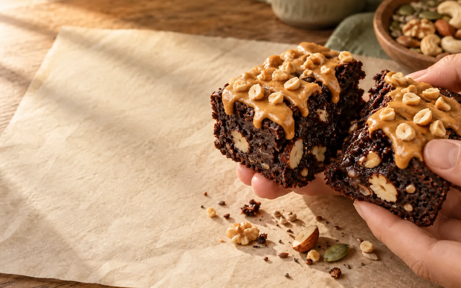 Hands holding apart dark cocoa fudge with creamy peanut butter topping and roasted peanuts.