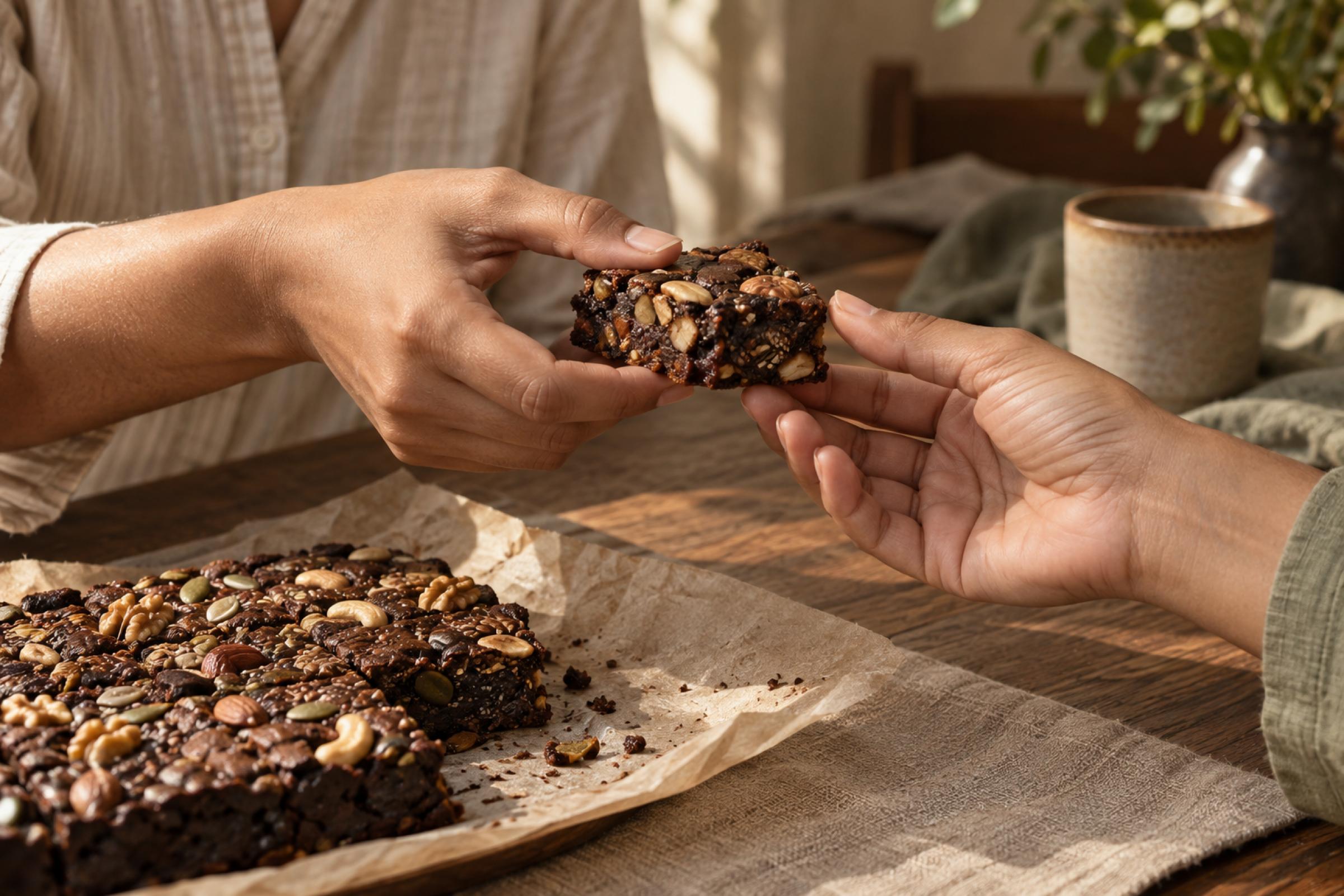 One person passing a piece of brownie to another across a linen-covered table.