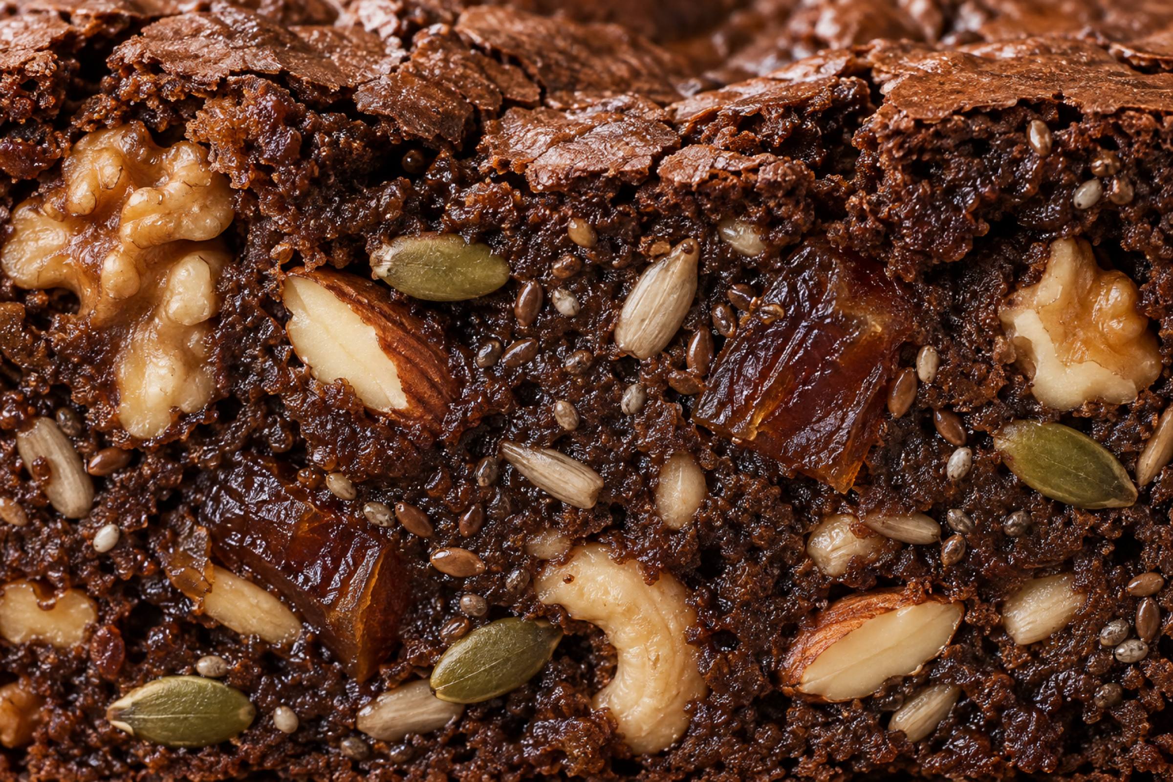 Extreme close-up of the brownie's cut face: dense crumb, nut pieces, seeds and a crackled top.